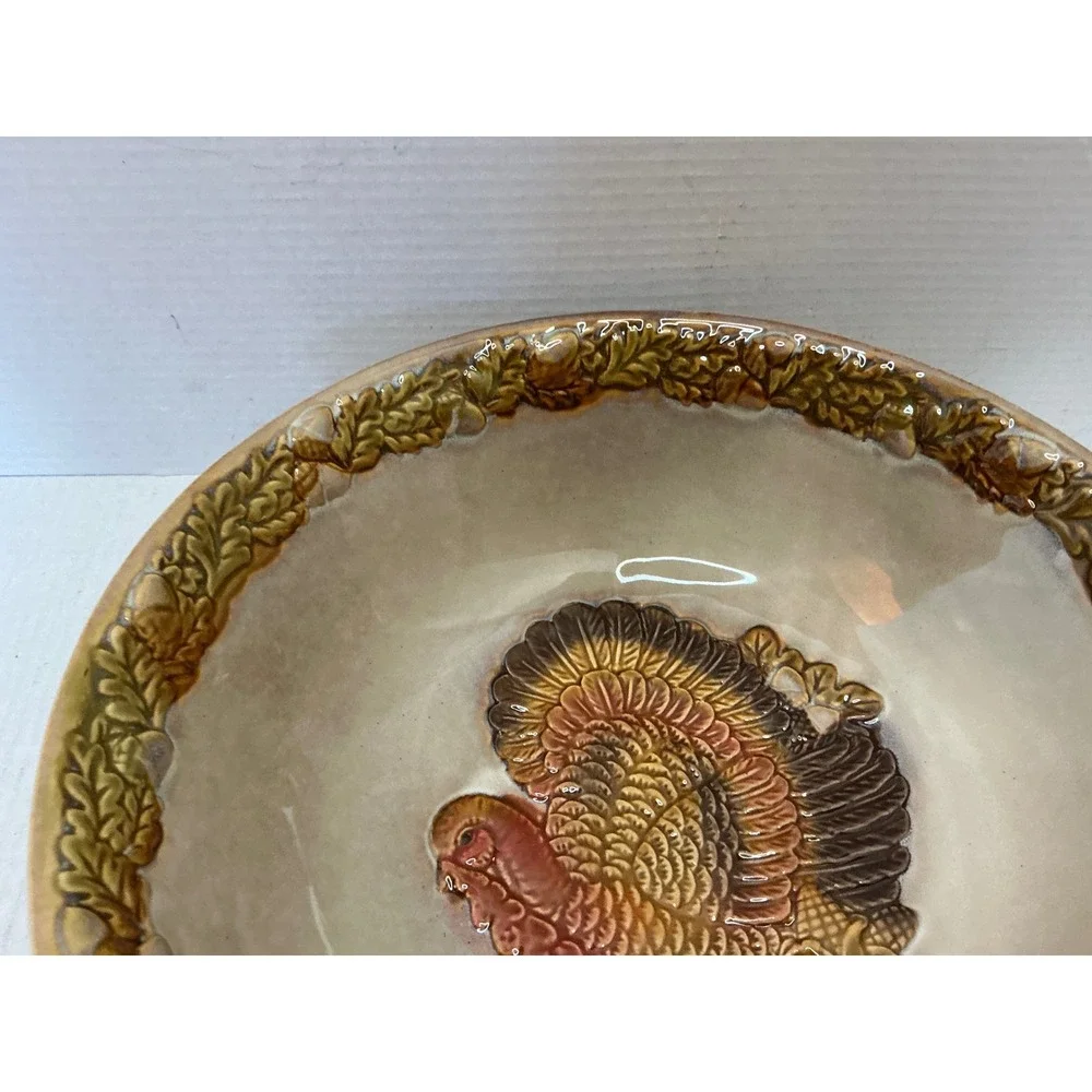 Ceramic Thanksgiving Turkey Serving Bowl Embossed Harvest Leaf Border Tan Brown